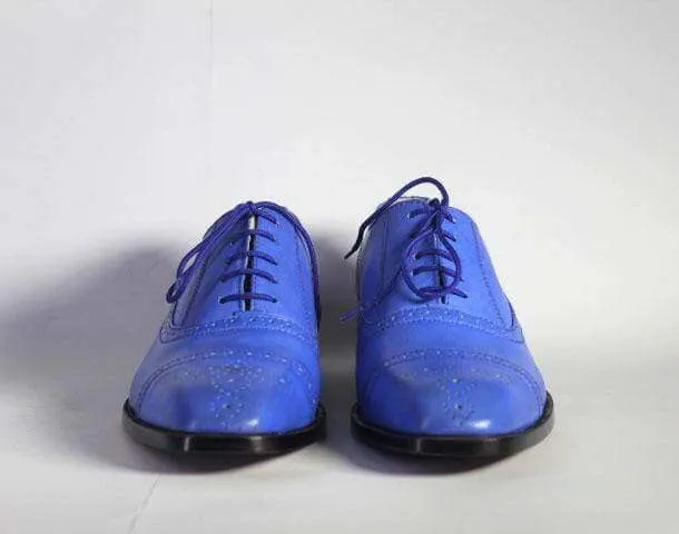 Men's Blue Cap Toe Lace Up Leather Shoe