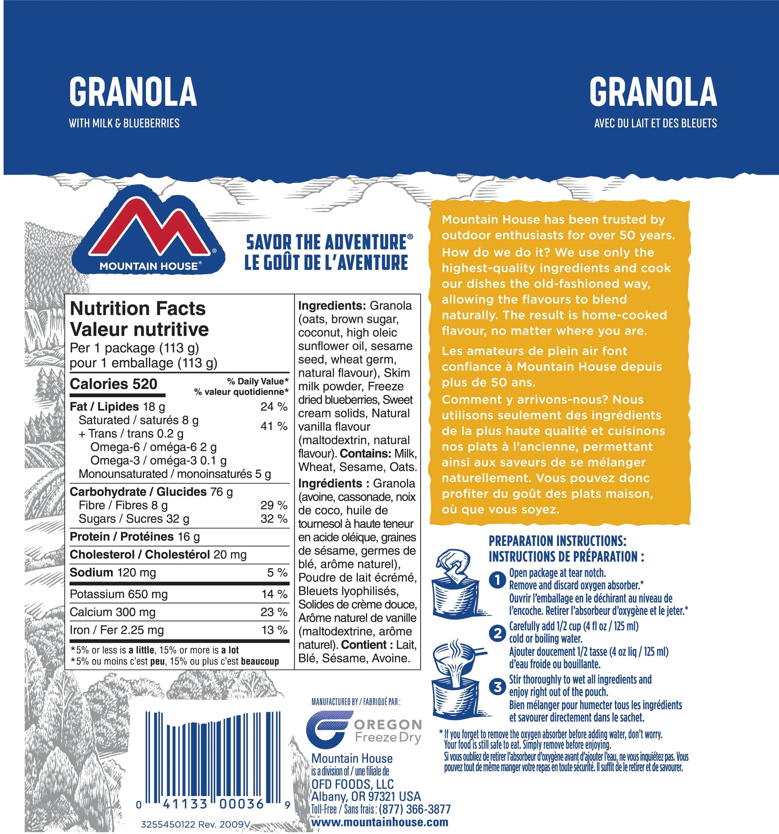 Mountain House Granola with Milk and Blueberries Pouch - One Serving