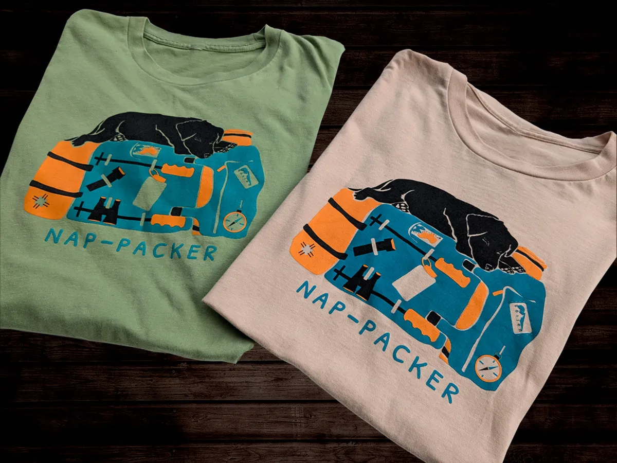 Nap-Packer Graphic Tee | 100% Organic Cotton T-shirt | Backpacking Adventure Dog