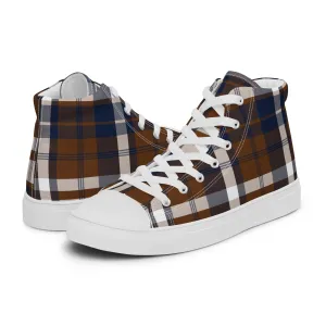 Navy Blue and Brown Preppy Surfer Plaid Men's High Top Canvas Shoes