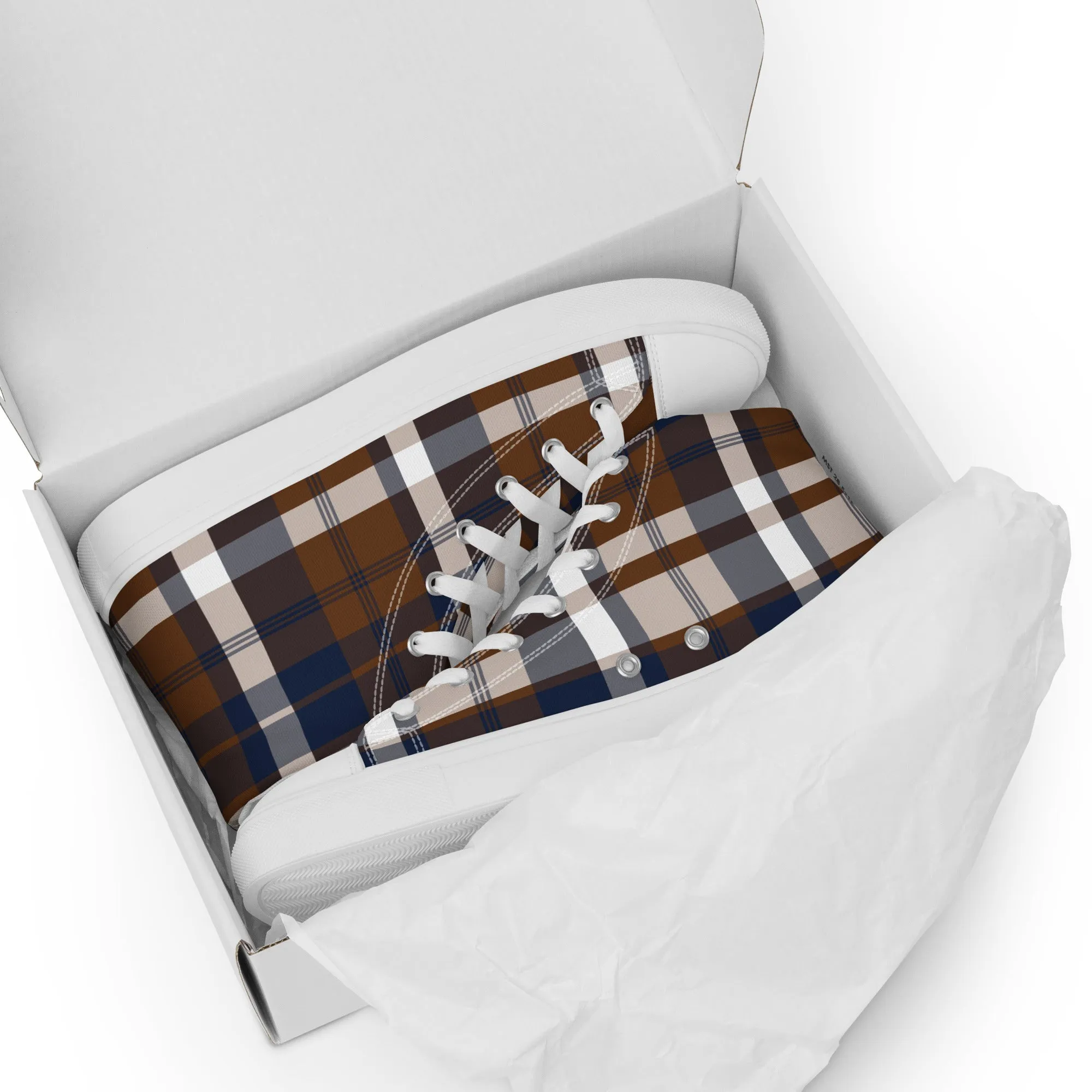 Navy Blue and Brown Preppy Surfer Plaid Men's High Top Canvas Shoes