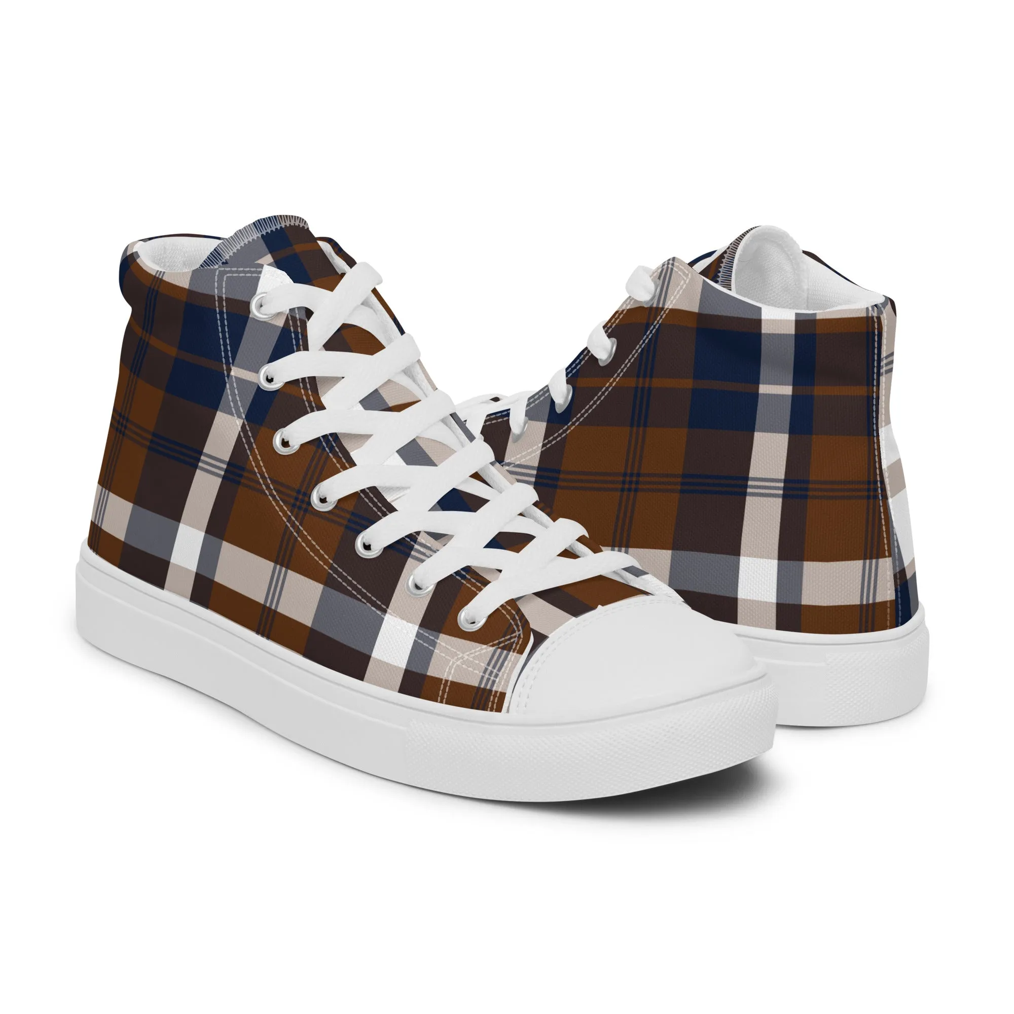 Navy Blue and Brown Preppy Surfer Plaid Men's High Top Canvas Shoes