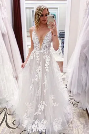 New Arrival Deep V-neck Lace Tulle Wedding Dress