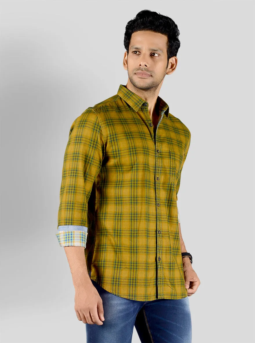 Ochre Yellow & Green Checked Slim Fit Casual Shirt | JadeBlue