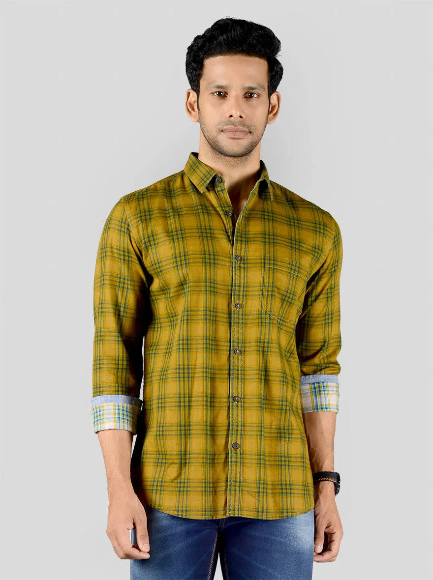 Ochre Yellow & Green Checked Slim Fit Casual Shirt | JadeBlue