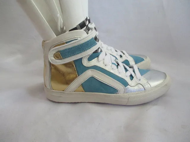 PIERRE HARDY CUBE Leather Sneaker TRAINER Shoe 36 6 Hi-Top Sport GOLD BLUE Womens