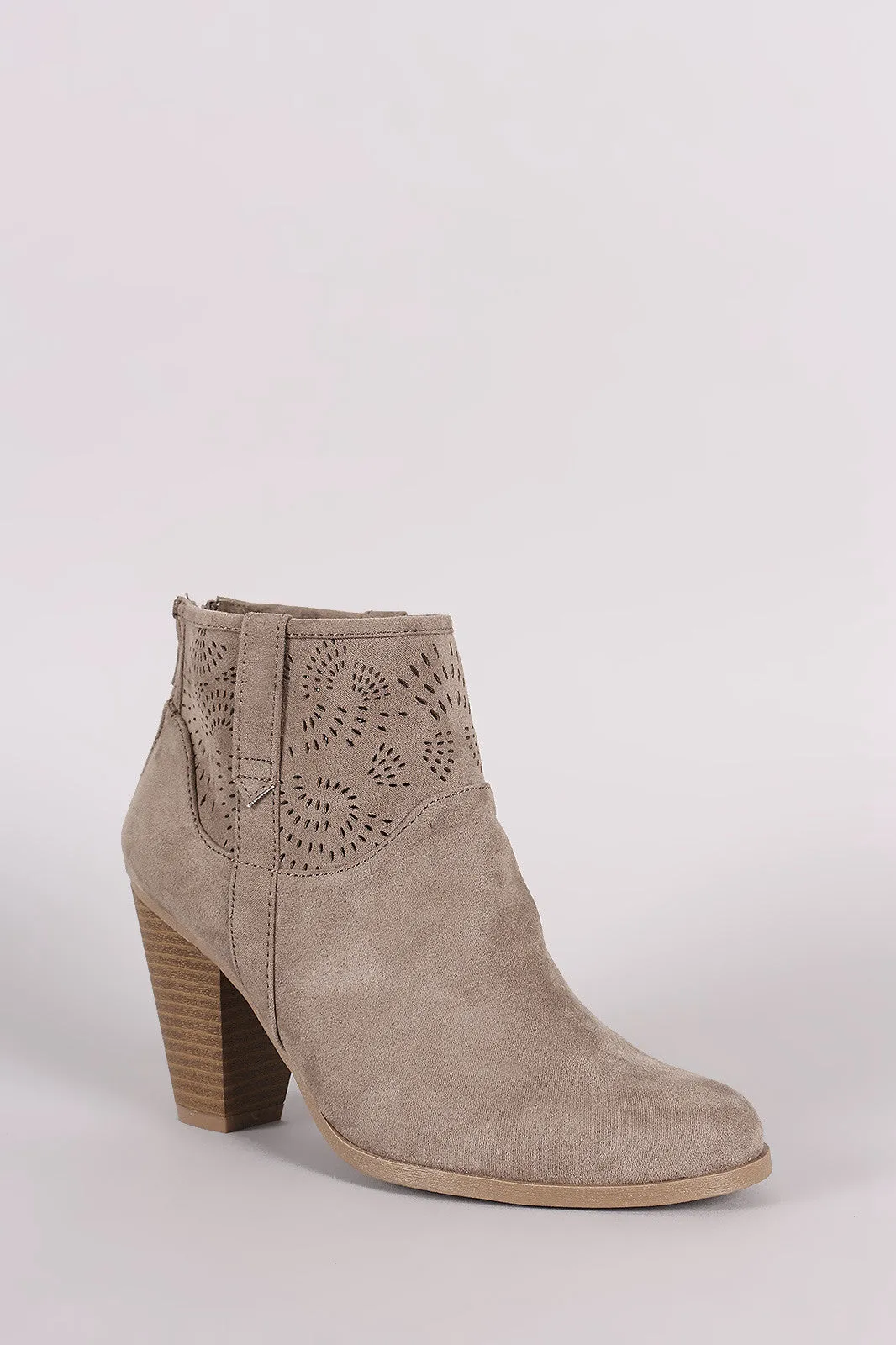 Qupid Perforated Patterned Chunky Heeled Booties