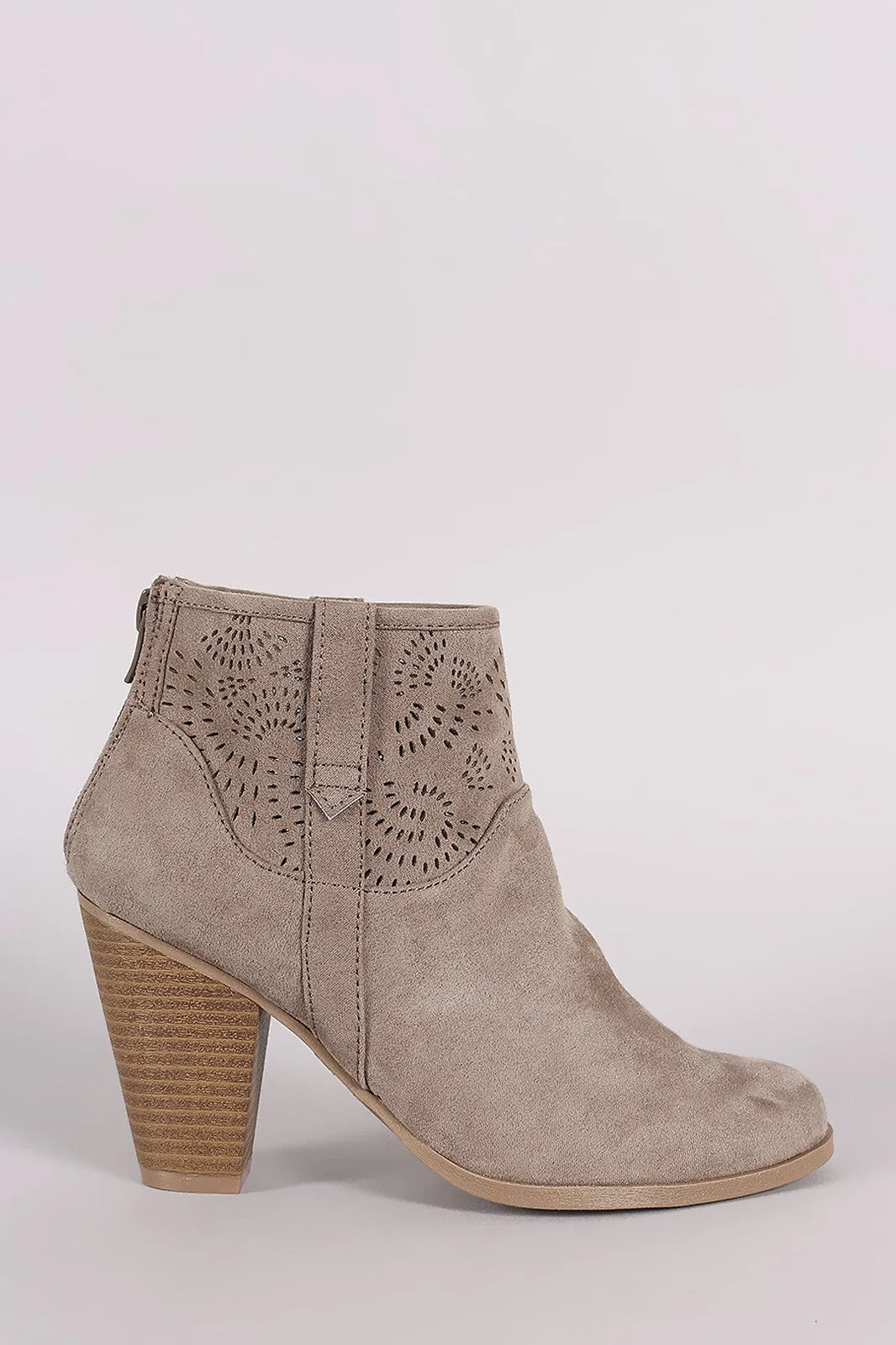 Qupid Perforated Patterned Chunky Heeled Booties