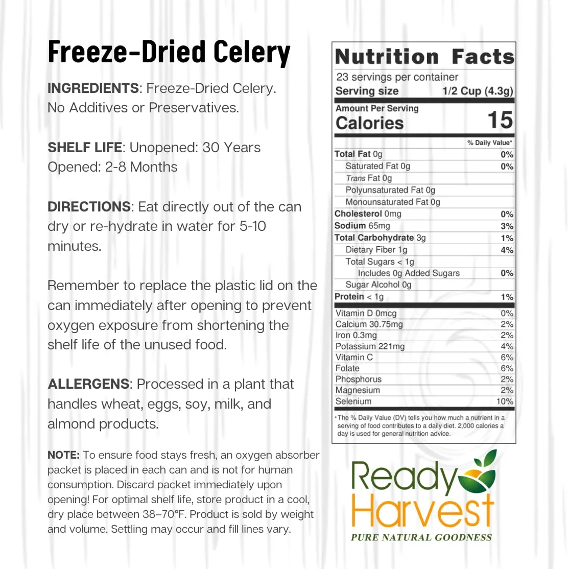 Ready Harvest Freeze-Dried Celery - 30 Year Shelf Life - #10 Can