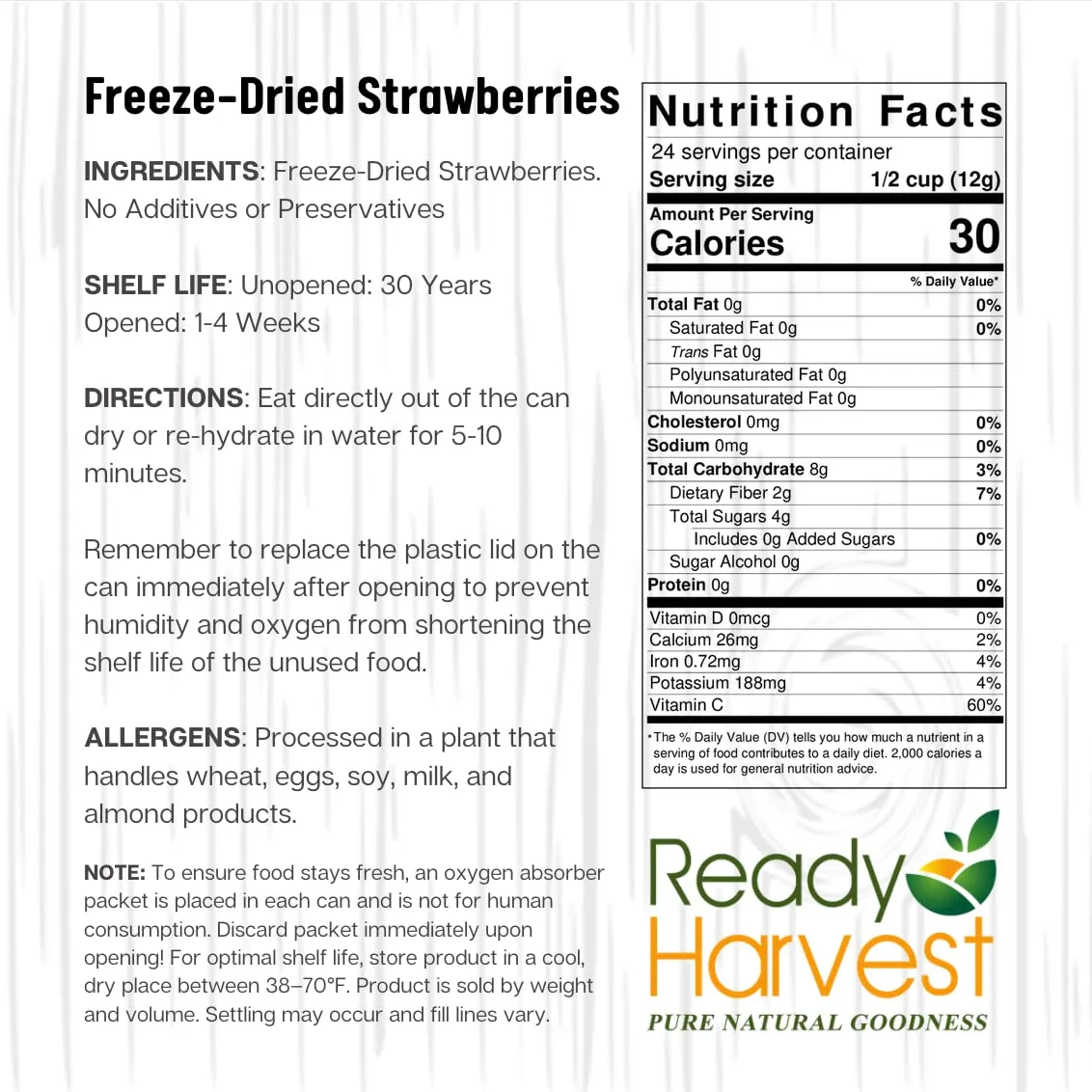 Ready Harvest Freeze-Dried Strawberries - 30 Year Shelf Life - Six #10 Cans