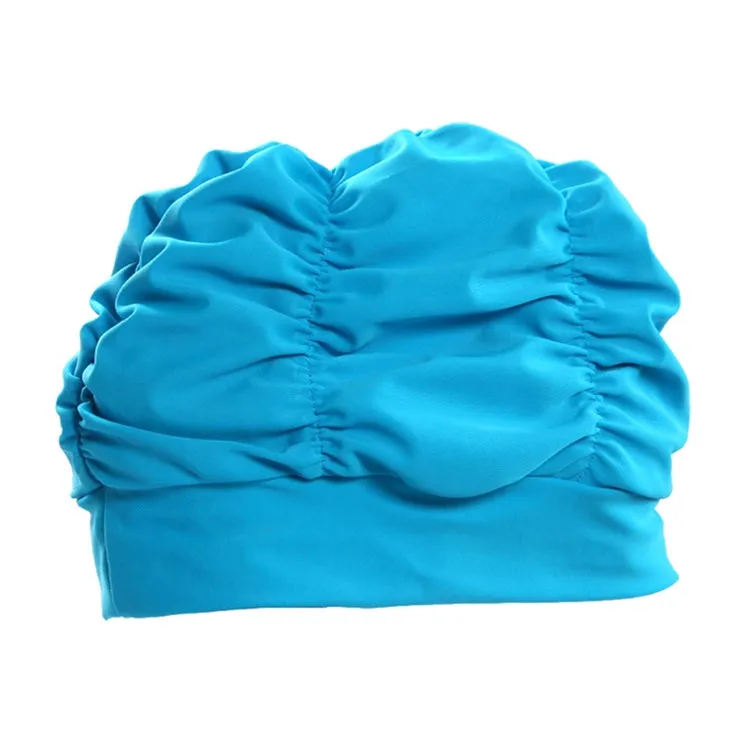 Women Earmuffs Pleated Cloth Swimming Cap(Lake Blue)