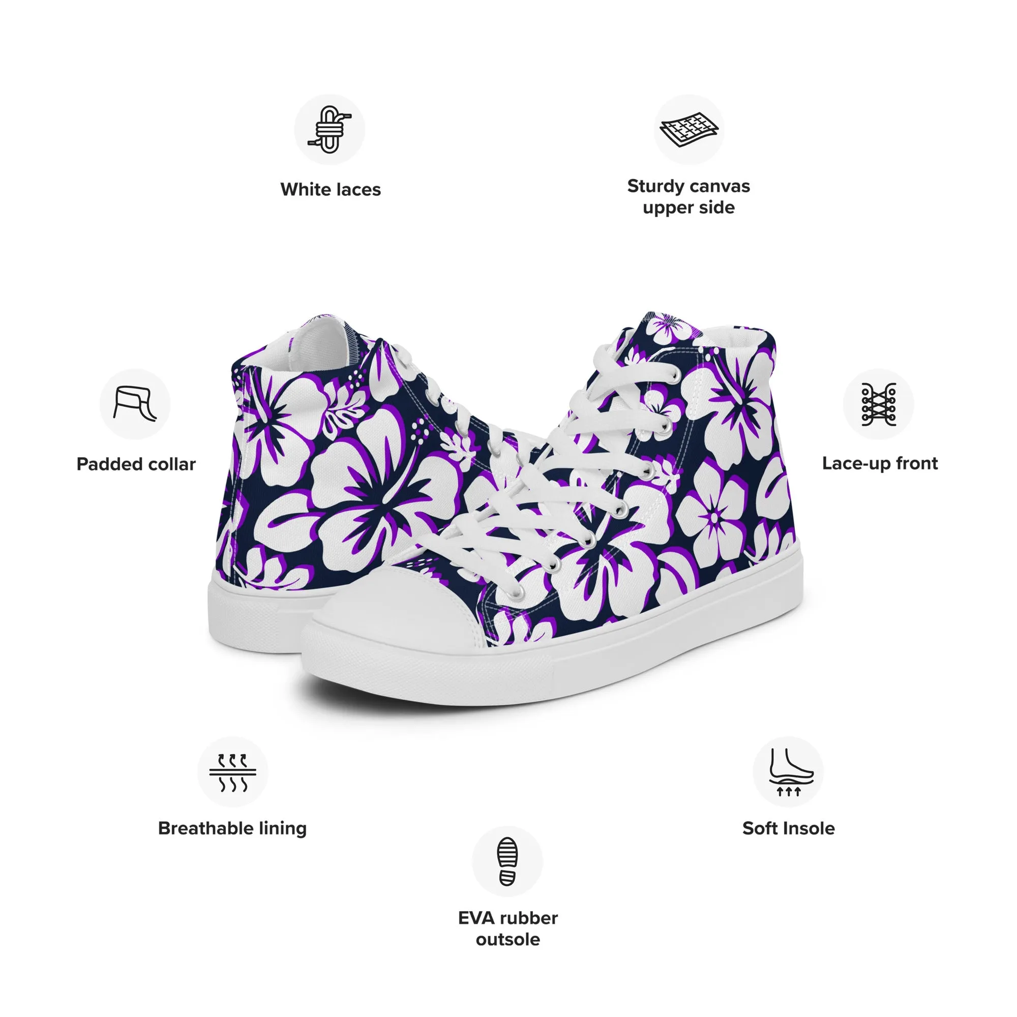 Women's Navy Blue, White and Purple Hawaiian Print High Top Canvas Shoes