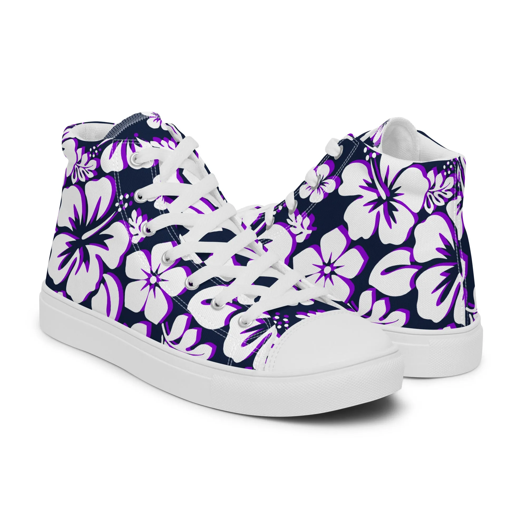 Women's Navy Blue, White and Purple Hawaiian Print High Top Canvas Shoes