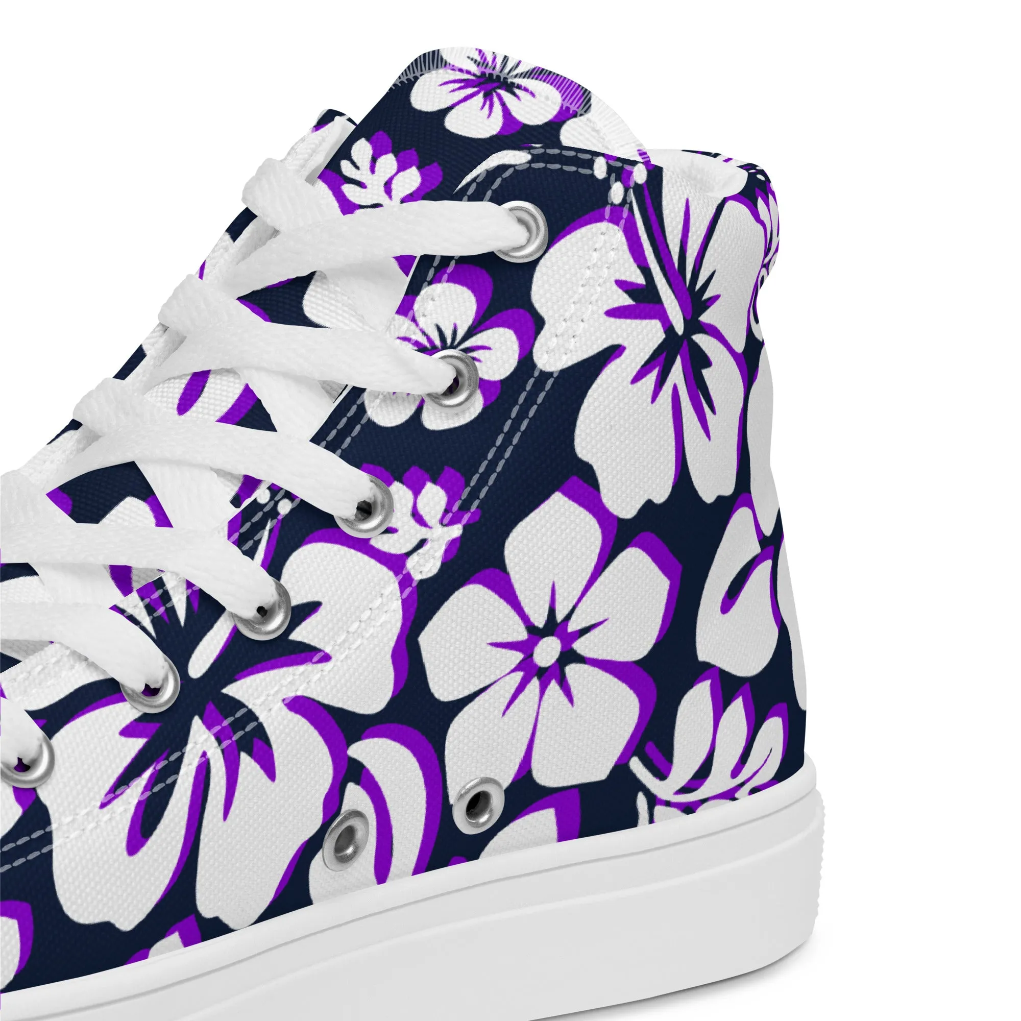 Women's Navy Blue, White and Purple Hawaiian Print High Top Canvas Shoes