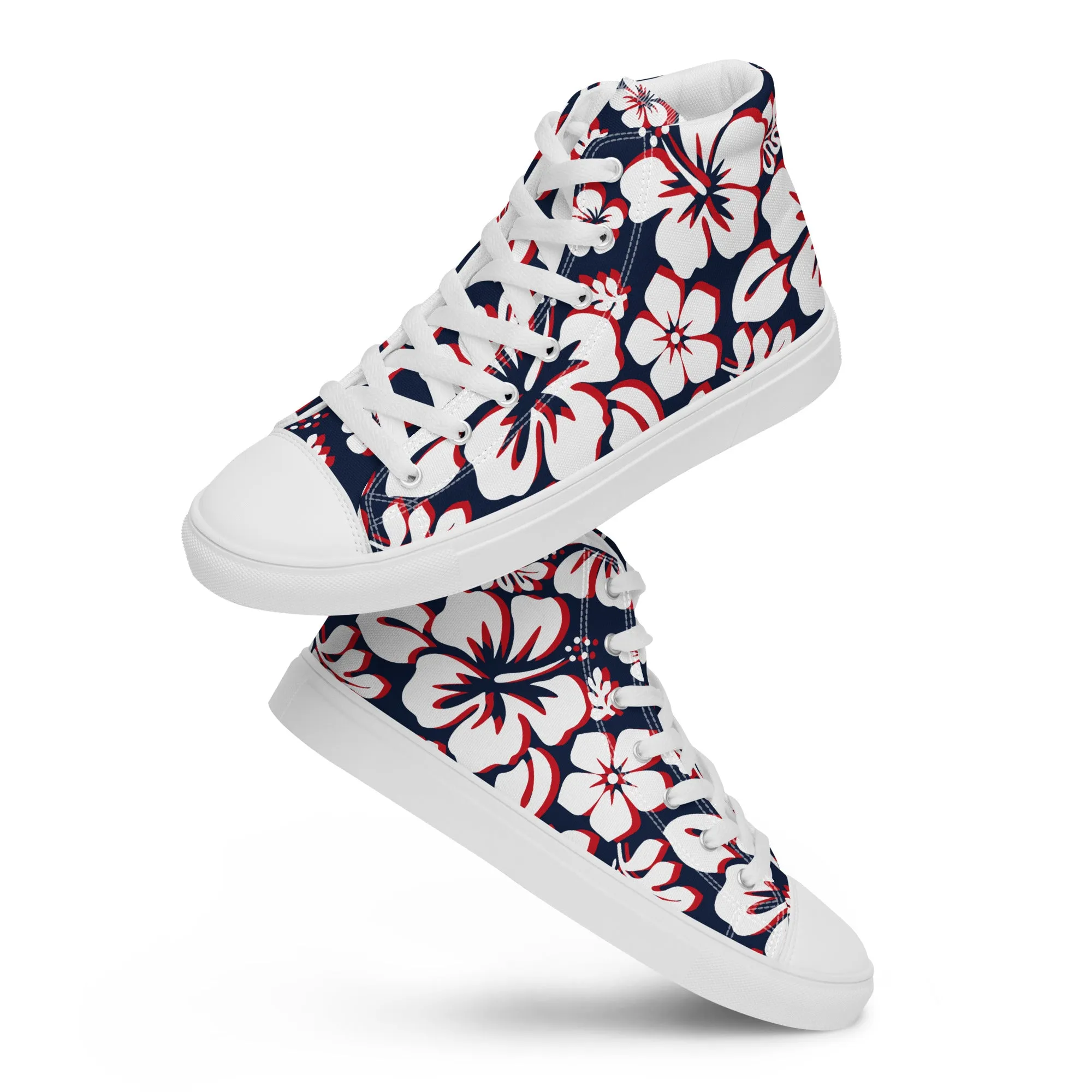 Women's Navy Blue, White and Red Hawaiian Print High Top Canvas Shoes