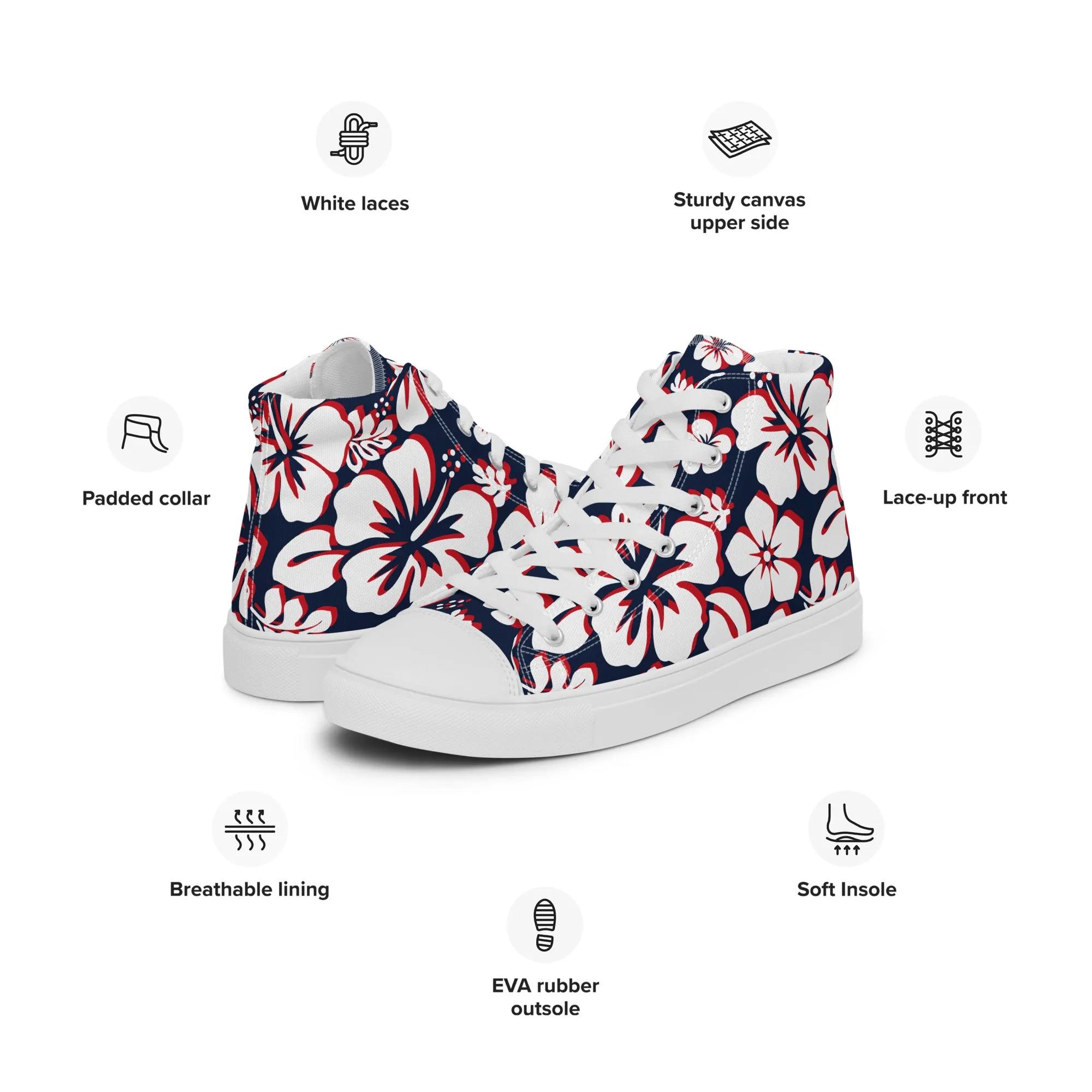 Women's Navy Blue, White and Red Hawaiian Print High Top Canvas Shoes