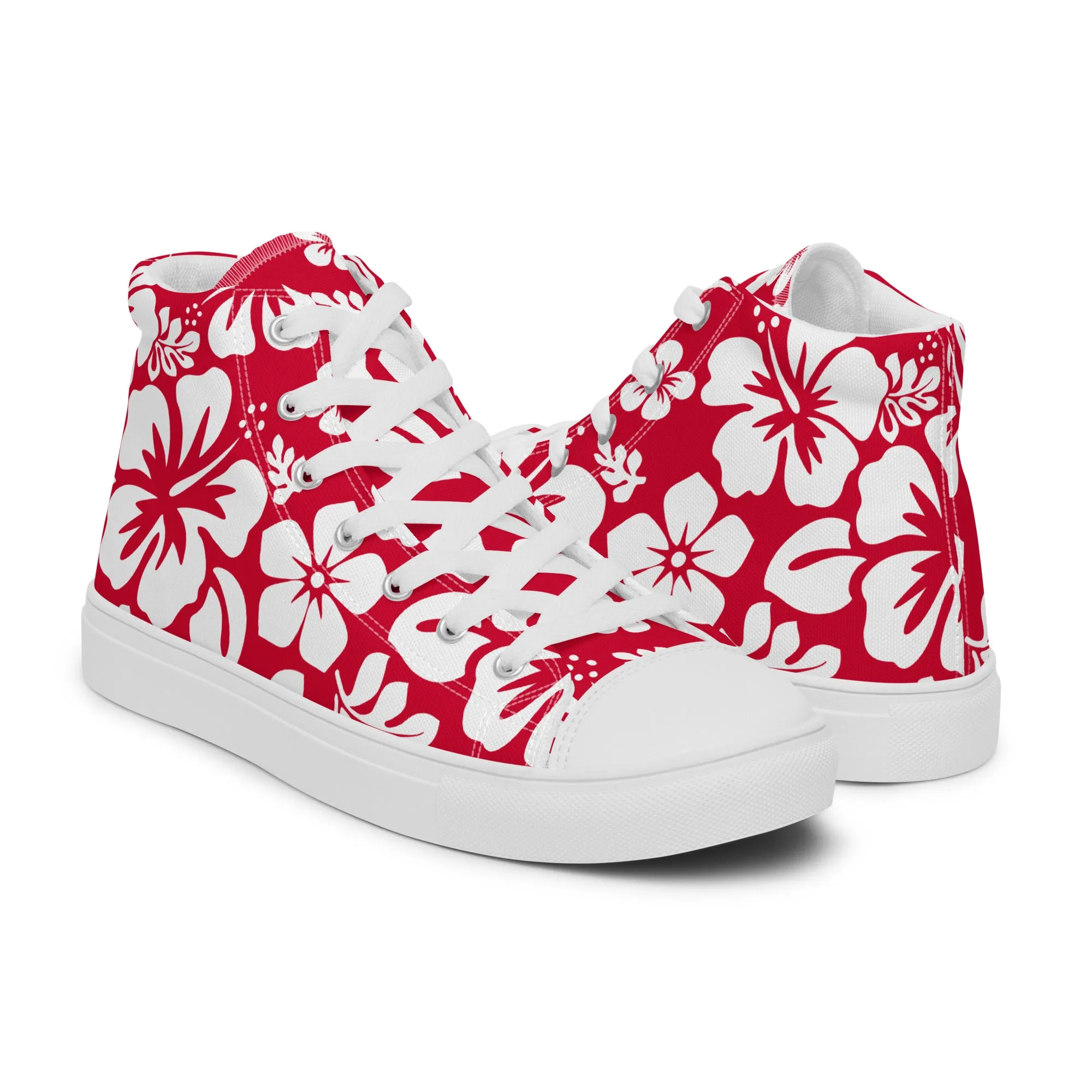 Women's Red and White Hawaiian Print High Top Canvas Shoes