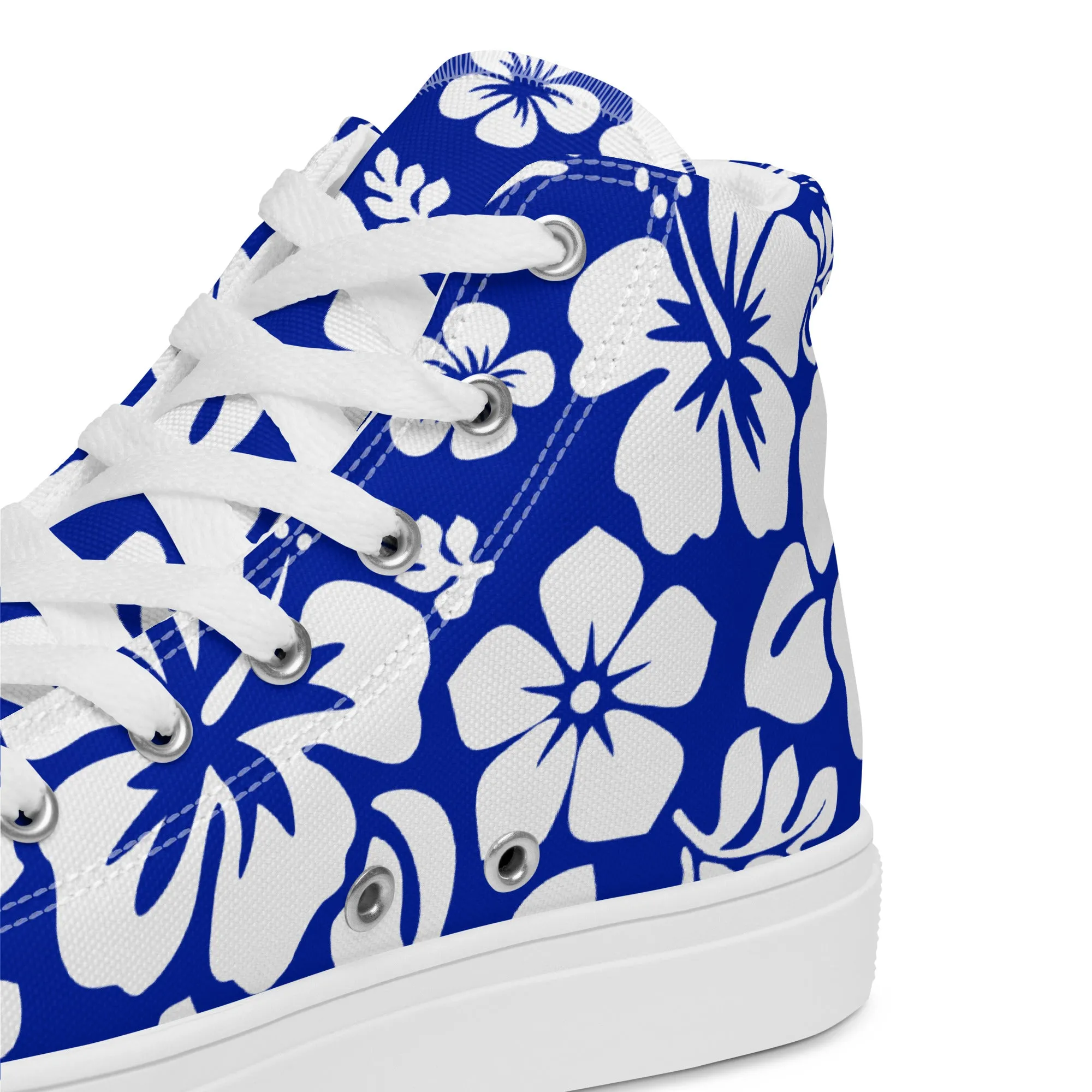 Women's Royal Blue and White Hawaiian Print High Top Canvas Shoes